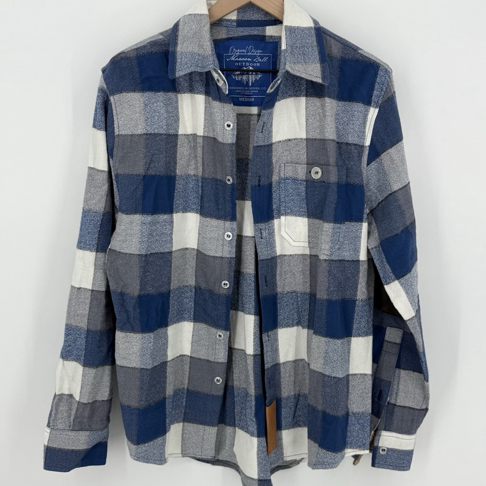 Maroon Bell Outdoor Blue Plaid Shirt Elbow Patches Men’s Size Medium